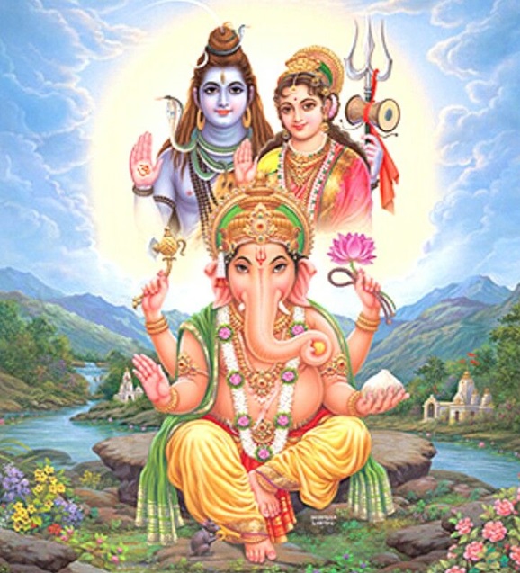 Ganesha With Father Lord Shiva And Mother Goddess Parvati , Ganesha , Shiva , Parvati